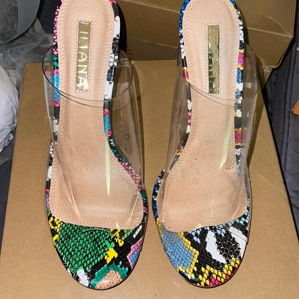 Snake skin heels with clear strap